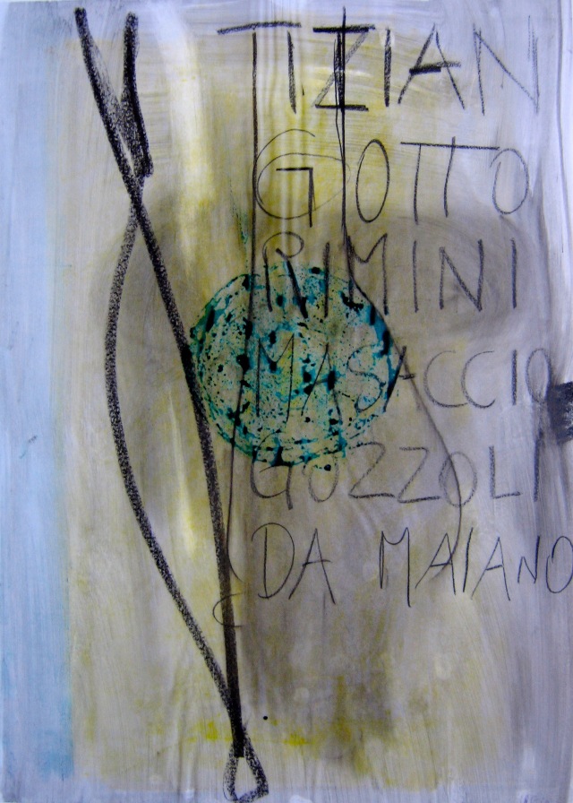 © Wilhelm Roseneder. Tizian, Giotto, Rimini... 1990.  Glasochrom auf Paraffinpapier/Glasochrom on paraffin-paper. 63x45,5 cm